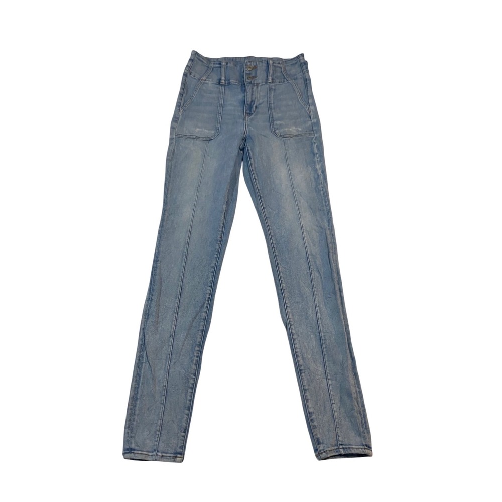American Eagle Super Hi-Rise Jegging Light Wash Blue Seam Front Size 10 Long